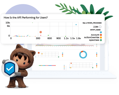 Asto holding shield icon standing in front of laptop with colorful graphs